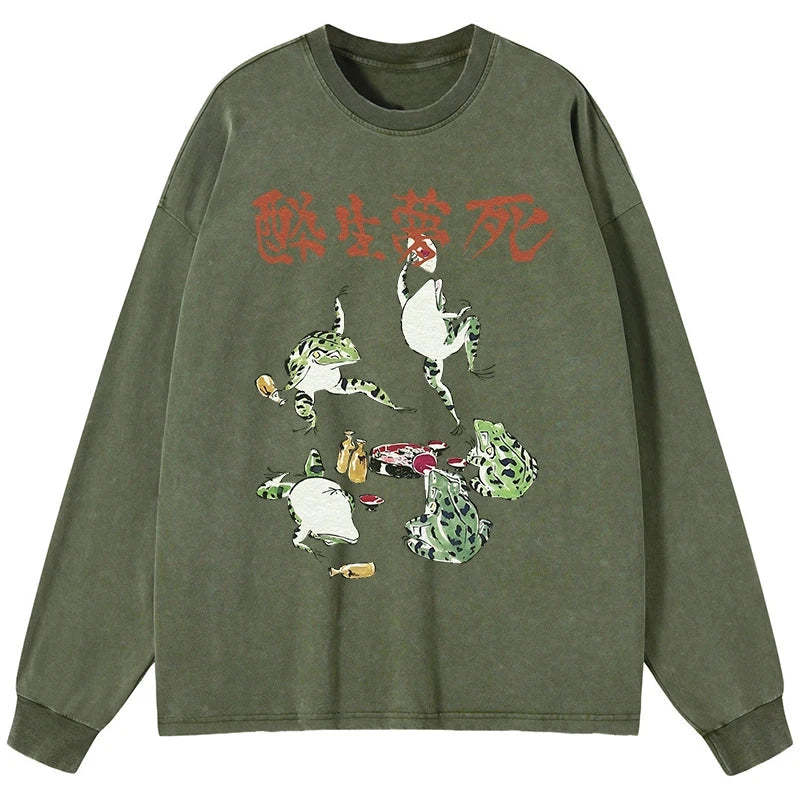 Tokyo-Tiger Japanese Frog Osake Kanji Washed Long Sleeve T-Shirt