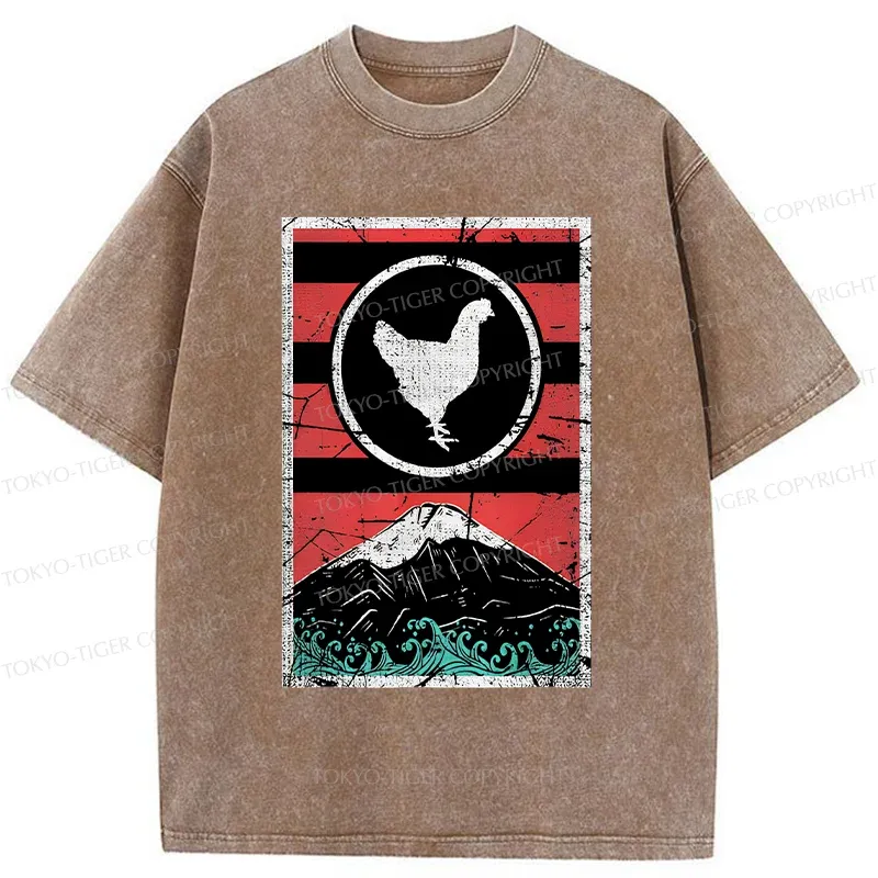 Tokyo-Tiger Mount Fuji And Chicken Washed T-Shirt