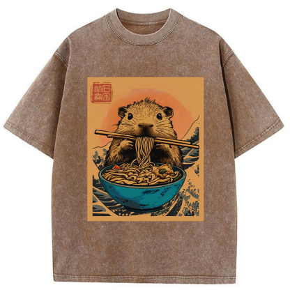 Tokyo-Tiger Opossum Eats Ramen Washed T-Shirt