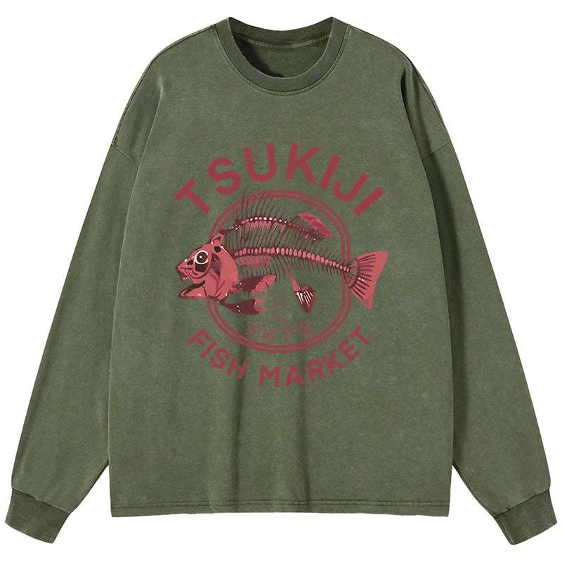 Tokyo-Tiger Tokyo Tsukiji Fish Market Vintage Japan Washed Long Sleeve T-Shirt