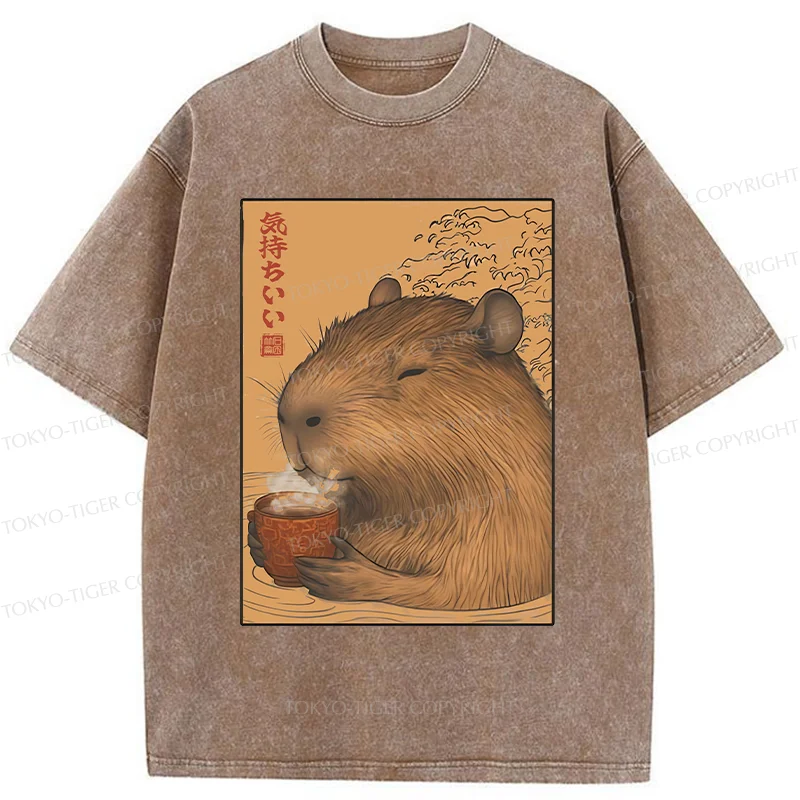 Tokyo-Tiger Capybara Taking A Bath Washed T-Shirt
