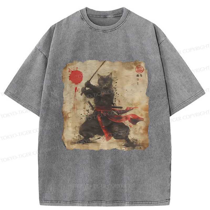 Tokyo-Tiger Retro Japanese Samurai Cat Washed T-Shirt