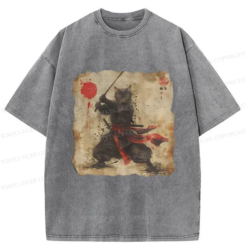 Tokyo-Tiger Retro Japanese Samurai Cat Washed T-Shirt