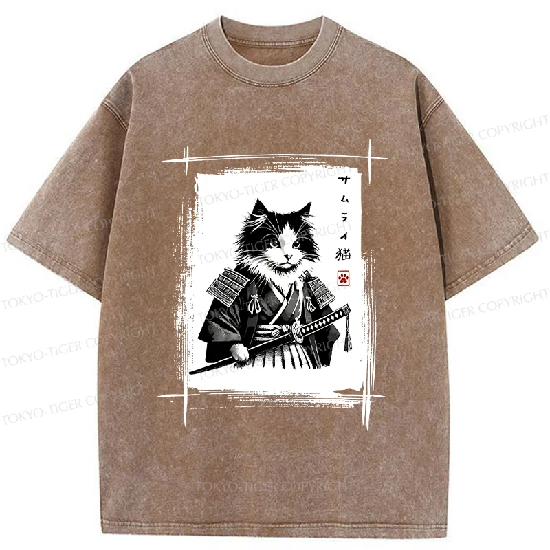 Tokyo-Tiger Tuxedo Samurai Cat Washed T-Shirt