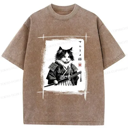 Tokyo-Tiger Tuxedo Samurai Cat Washed T-Shirt