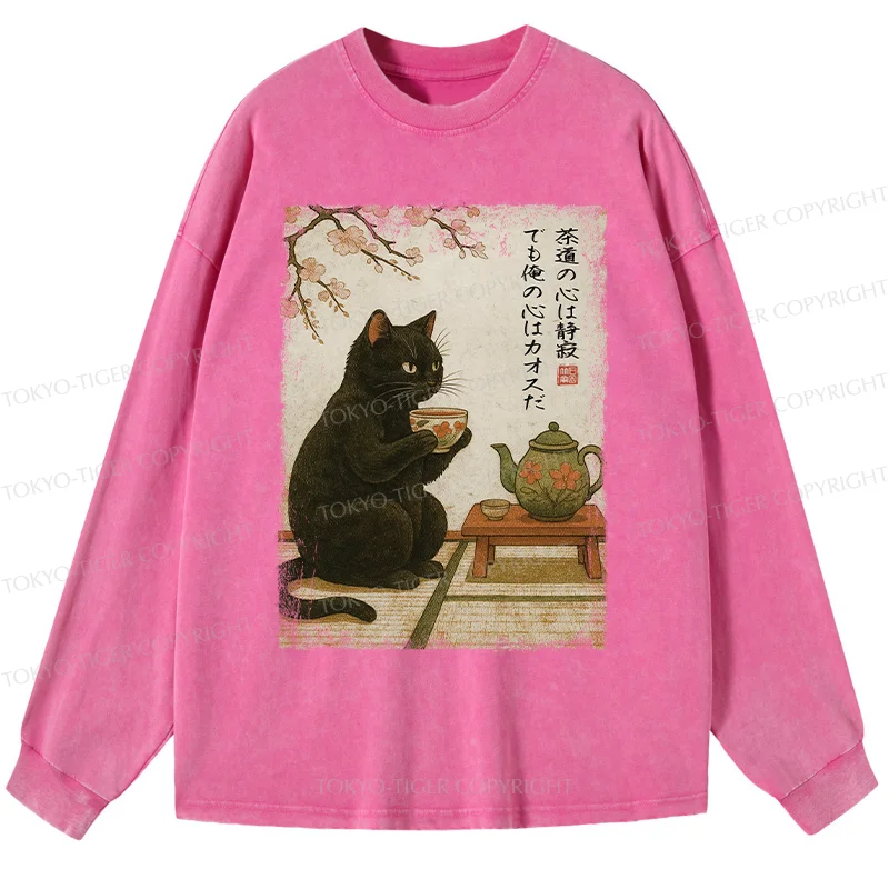 Tokyo-Tiger Tea Time With A Black Cat Washed Long Sleeve T-Shirt