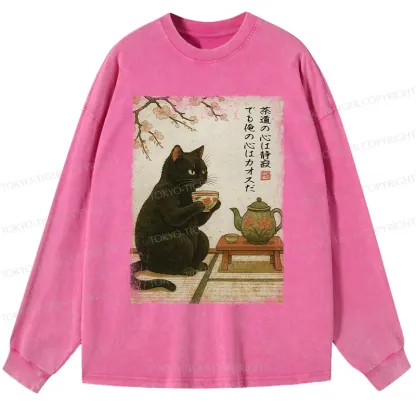 Tokyo-Tiger Tea Time With A Black Cat Washed Long Sleeve T-Shirt