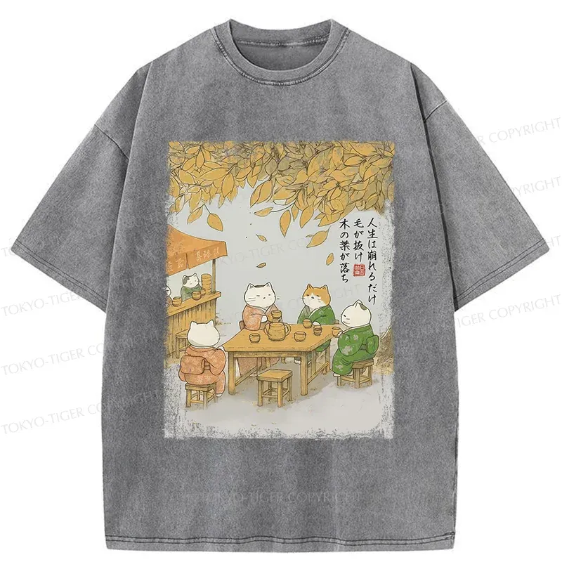 Tokyo-Tiger Cats Drinking Tea Under The Tree Washed T-Shirt