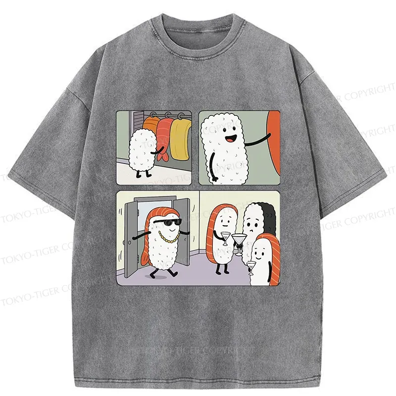 Tokyo-Tiger Sushi At The Party Washed T-Shirt