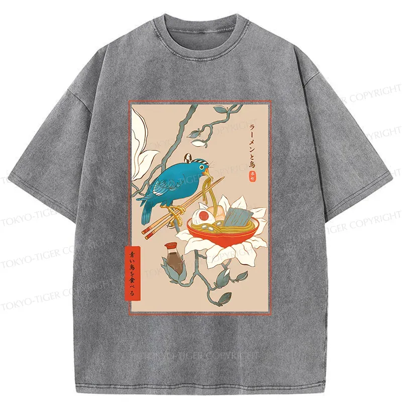 Tokyo-Tiger Bird Eating Ramen Washed T-Shirt