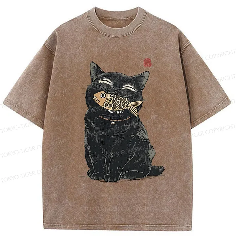 Tokyo-Tiger Happy Black Cat Washed T-Shirt