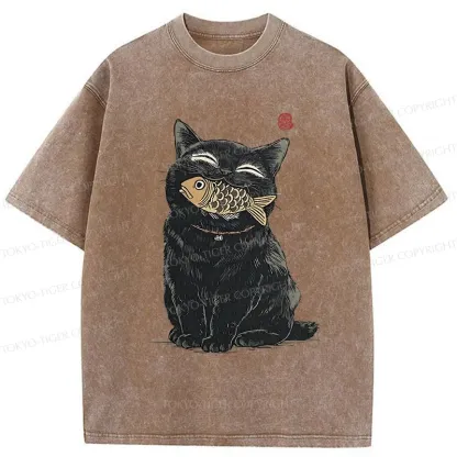 Tokyo-Tiger Happy Black Cat Washed T-Shirt