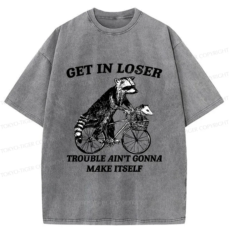 Tokyo-Tiger Raccoon On A Bicycle Washed T-Shirt