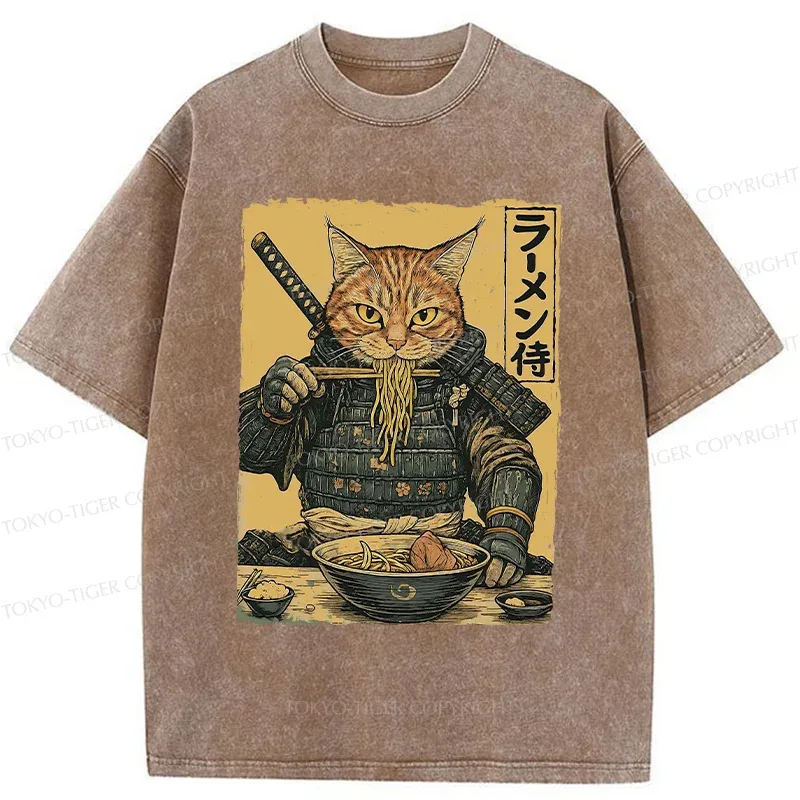 Tokyo-Tiger Cat General Eating Ramen Washed T-Shirt
