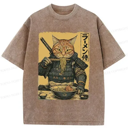 Tokyo-Tiger Cat General Eating Ramen Washed T-Shirt
