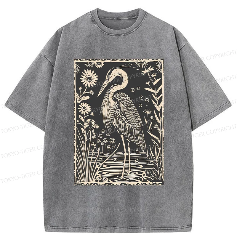 Tokyo-Tiger Woodcut Crane Japan Washed T-Shirt