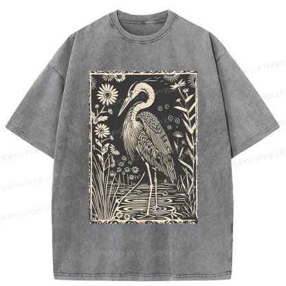 Tokyo-Tiger Woodcut Crane Japan Washed T-Shirt
