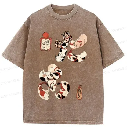 Tokyo-Tiger Funny Cat Kanji Washed T-Shirt
