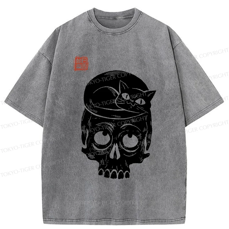 Tokyo-Tiger Woodcut Cat And Skeleton Washed T-Shirt