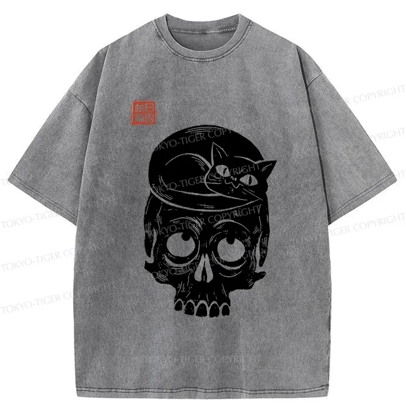Tokyo-Tiger Woodcut Cat And Skeleton Washed T-Shirt