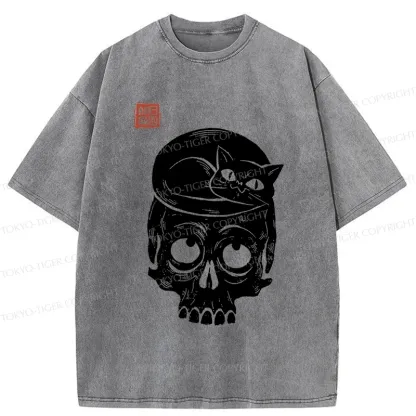 Tokyo-Tiger Woodcut Cat And Skeleton Washed T-Shirt