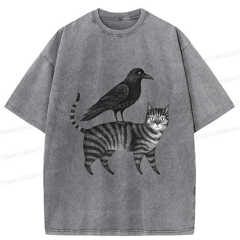Tokyo-Tiger Crow Riding A Cat Washed T-Shirt