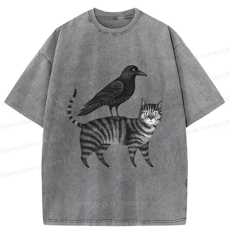 Tokyo-Tiger Crow Riding A Cat Washed T-Shirt