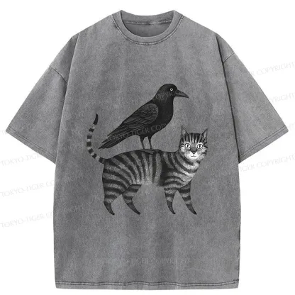 Tokyo-Tiger Crow Riding A Cat Washed T-Shirt