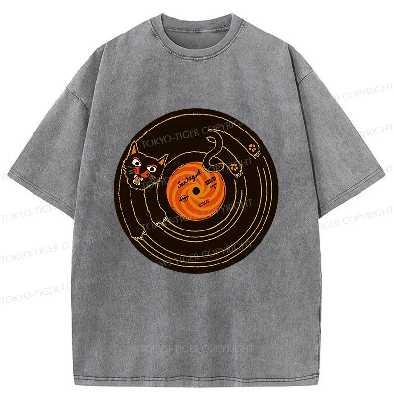 Tokyo-Tiger Cat Scratching Record Washed T-Shirt