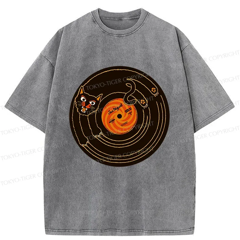 Tokyo-Tiger Cat Scratching Record Washed T-Shirt