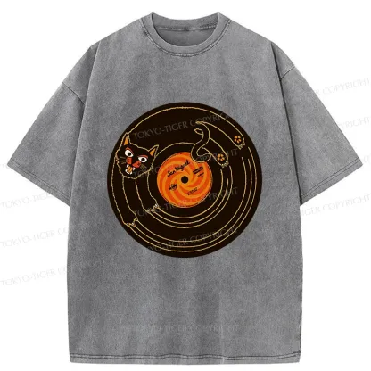 Tokyo-Tiger Cat Scratching Record Washed T-Shirt