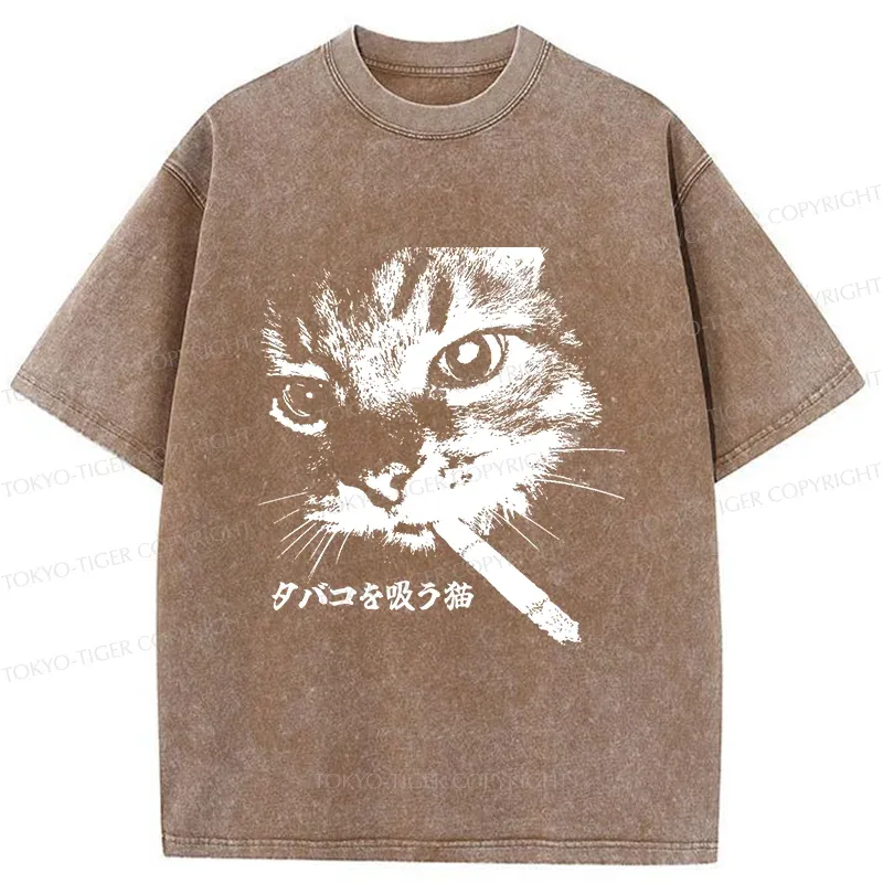 Tokyo-Tiger Retro Cat Smoking Washed T-Shirt