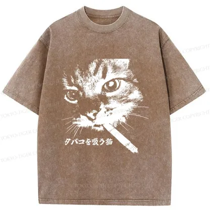 Tokyo-Tiger Retro Cat Smoking Washed T-Shirt