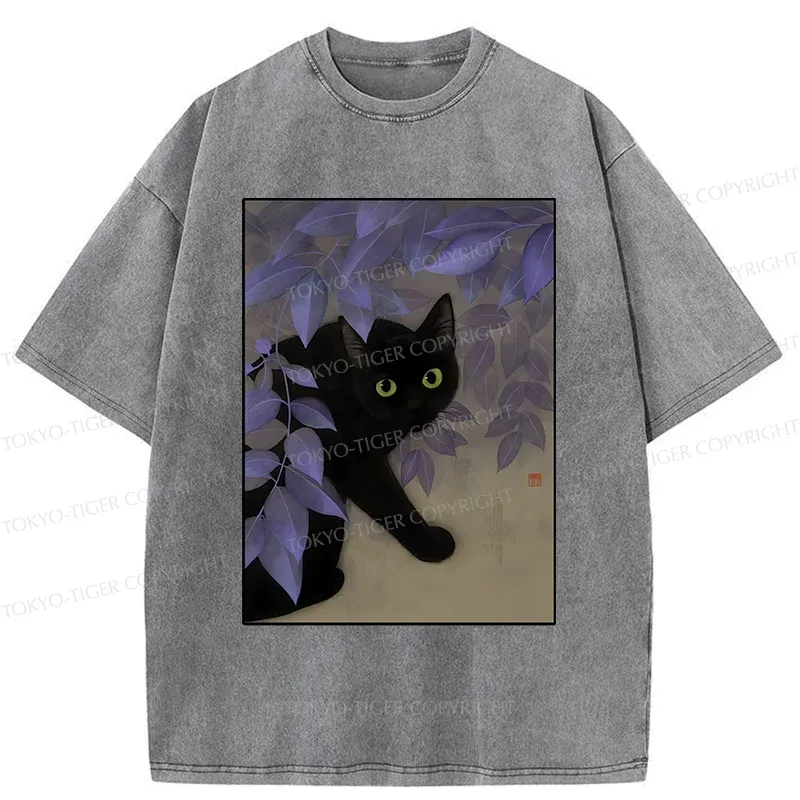 Tokyo-Tiger Cat Under The Flowers Washed T-Shirt