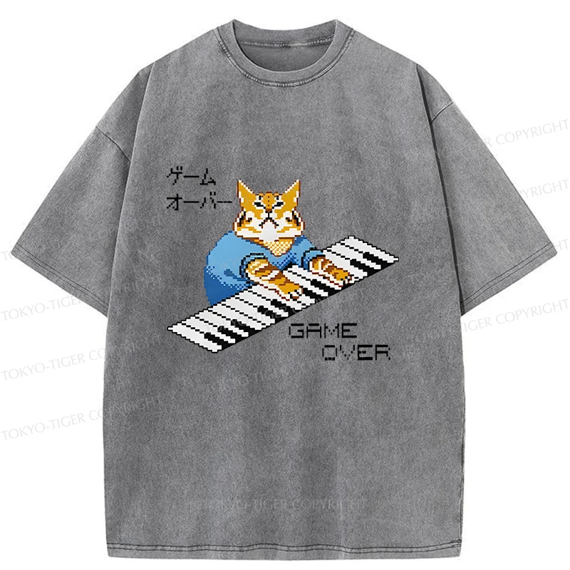 Tokyo-Tiger Cat Playing The Piano Washed T-Shirt