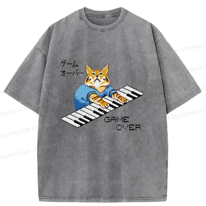 Tokyo-Tiger Cat Playing The Piano Washed T-Shirt