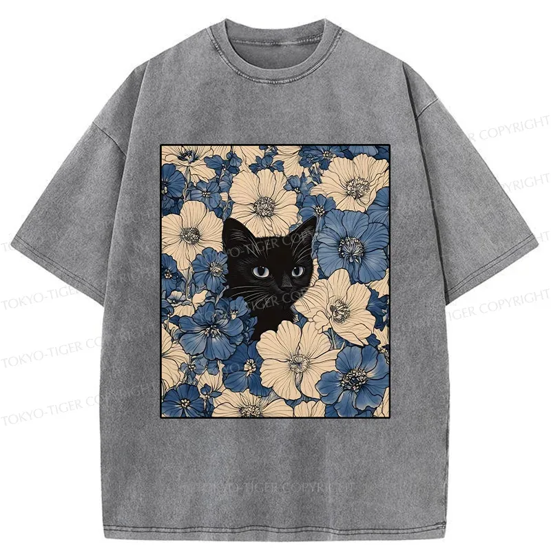 Tokyo-Tiger Cat In The Flowers Washed T-Shirt