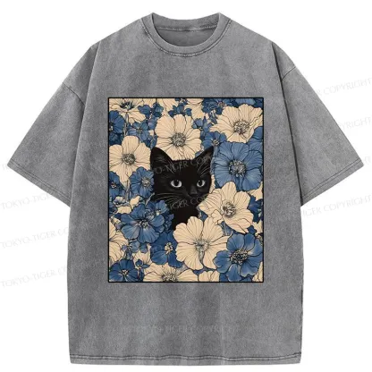 Tokyo-Tiger Cat In The Flowers Washed T-Shirt