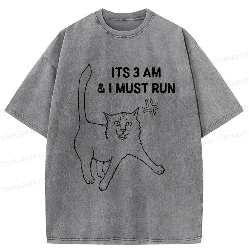 Tokyo-Tiger Cat Going For A Night Run Washed T-Shirt Sale