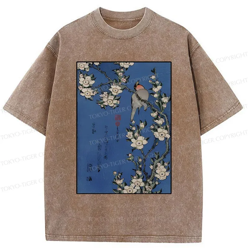 Tokyo-Tiger Japanese Bird And Wood Painting Washed T-Shirt
