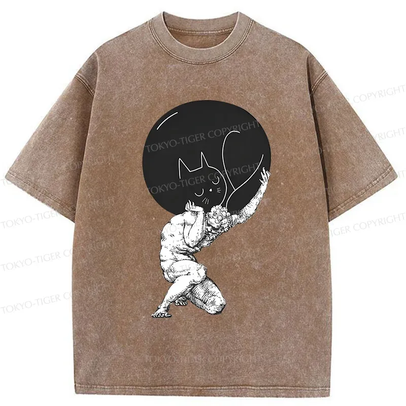 Tokyo-Tiger Stone Statue Holding A Cat Washed T-Shirt