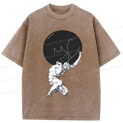 Tokyo-Tiger Stone Statue Holding A Cat Washed T-Shirt