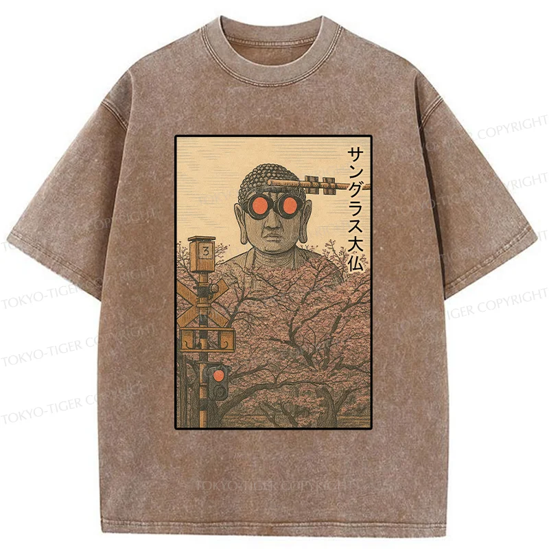 Tokyo-Tiger Buddha Statue Wearing Sunglasses Washed T-Shirt