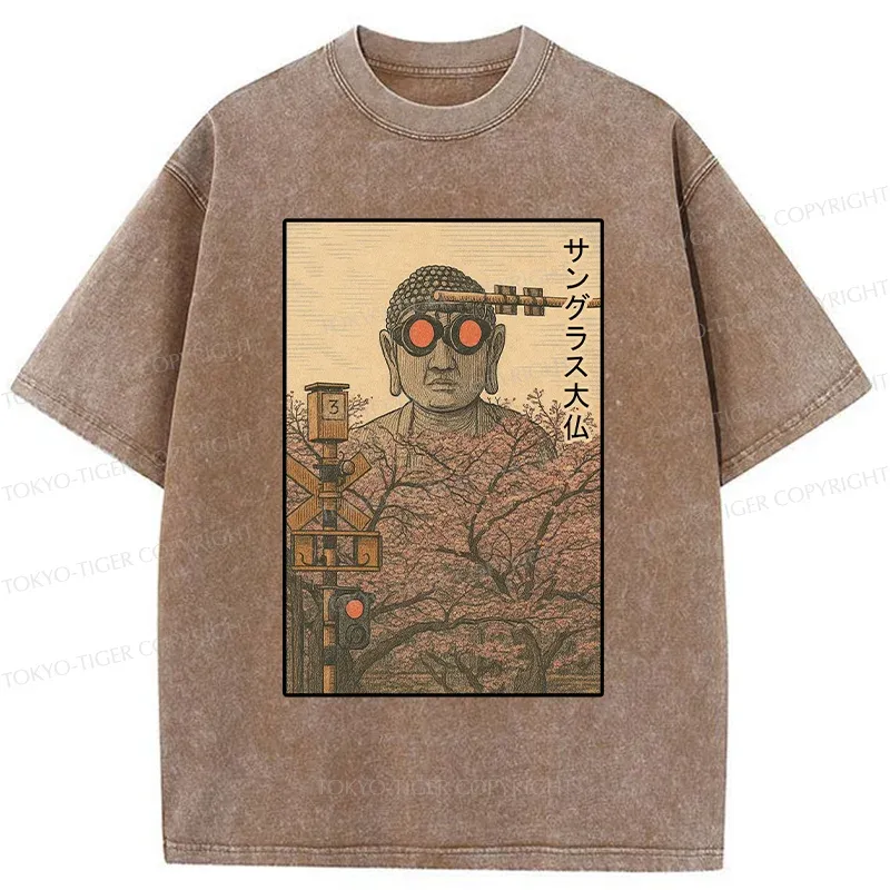 Tokyo-Tiger Buddha Statue Wearing Sunglasses Washed T-Shirt