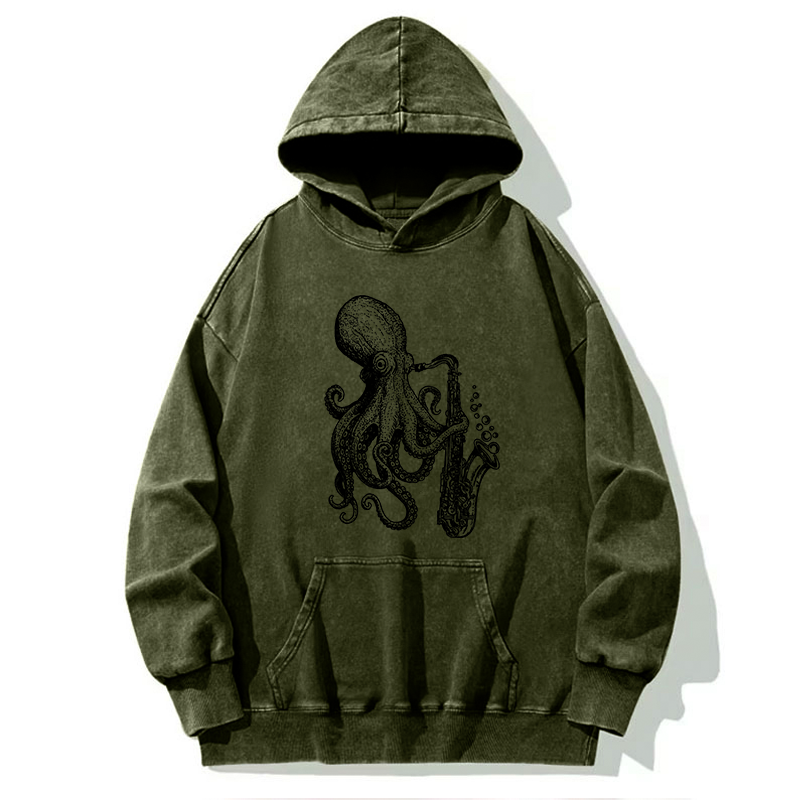 Tokyo-Tiger Octopus Playing Saxophone Washed Hoodie