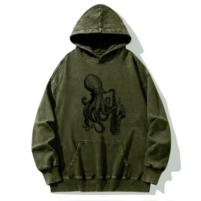 Tokyo-Tiger Octopus Playing Saxophone Washed Hoodie