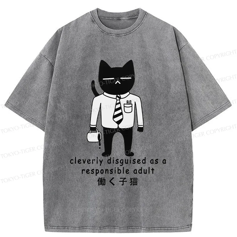 Tokyo-Tiger Cat At Work Washed T-Shirt