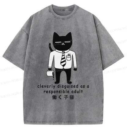 Tokyo-Tiger Cat At Work Washed T-Shirt