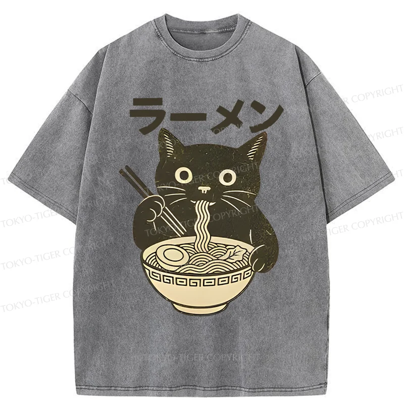 Tokyo-Tiger Simple Black Cat Eating Ramen Washed T-Shirt