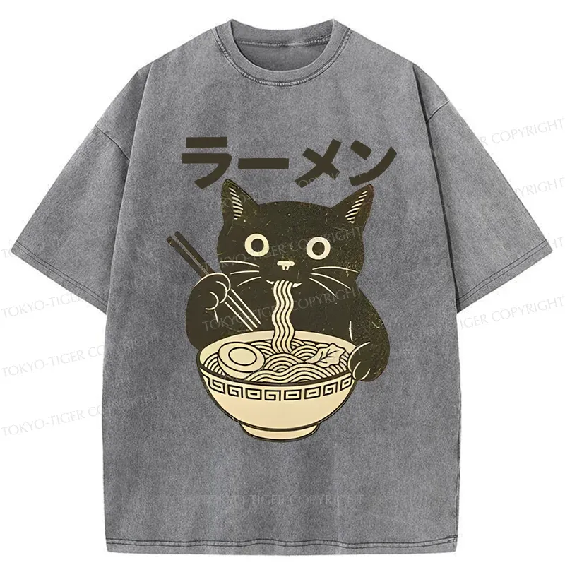 Tokyo-Tiger Simple Black Cat Eating Ramen Washed T-Shirt